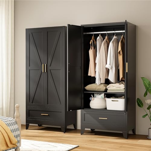 71" Tall Metal Armoire Wardrobe Closet,17.7" Deep By 31.5" Wide Portable Closet for Hanging Clothes,Wardrobe Cabinet with Drawer and Shelve for Bedroom Office Garage,Black 1 Pack - color: Black, size: 17.7"D x 31.5"W x 71"H-4
