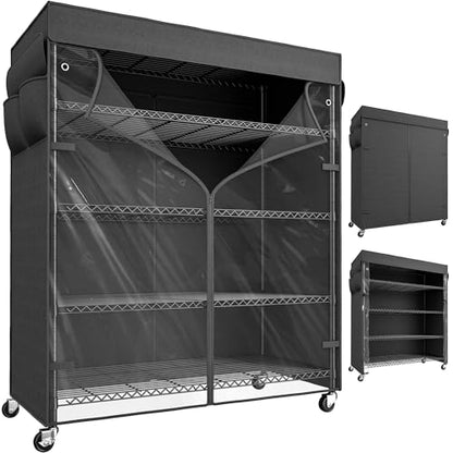 REIBII 45"W 5-Tier Storage Shelves with Cover & Wheels, 1100 lbs for pantry | 17.7''Dx72.8''H, UV/Waterproof zippered cover, Side pockets, Wheels lockable&removable, Height adjustable, Tool-free, Garage - size: 45" W x 17.72" D x 72.83" H