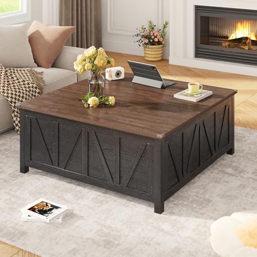 chartustriable 43.3“ Lift Top Coffee Table with Storage, Farmhouse Coffee Table with Large Hidden Storage Compartment and Shelves，Square Center Tables for Living Room, Tea Table Black - color: Black