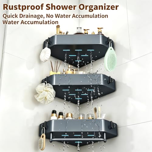 3-Tier Corner Shower Caddy, Rustproof Shower Shelf, Adhesive/Drill | Adhesive/drill, Fits tile/marble/glass, 6 hooks & towel bar, for renters & apartments, kitchen, laundry, grey