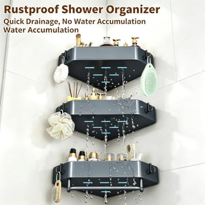 3-Tier Corner Shower Caddy, Rustproof Shower Shelf, Adhesive/Drill | Adhesive/drill, Fits tile/marble/glass, 6 hooks & towel bar, for renters & apartments, kitchen, laundry, grey
