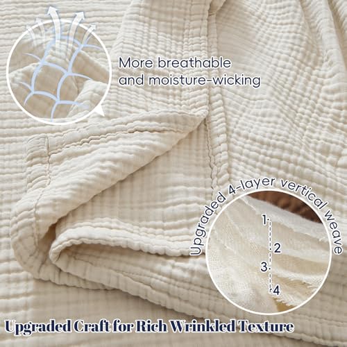 PHF 100% Cotton Muslin Throw Blanket 50" x 60", 4-Layer Lightweight and Breathable Blanket, Luxuriously Soft Gauze Throws for Couch Bed Sofa, Ideal Gift Choice, Oat Milk - color: Oat Milk, size: Throw(50"X60")