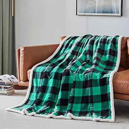 Sherpa Green and Black Buffalo Plaid Christmas Twin Blanket 60" X 70", Fuzzy Fluffy Soft Cozy Blanket, Fleece Flannel Plush Microfiber Blanket for Couch Bed Sofa (Green and Black) - color: Green