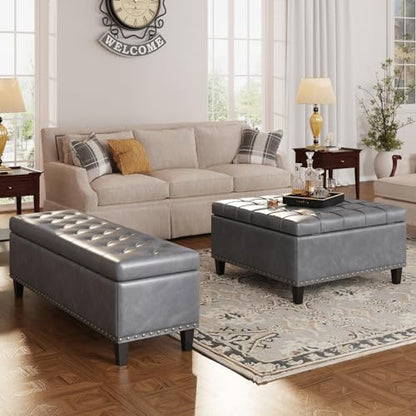 FiveWillowise 31.5 Inch Large Square Ottoman with Storage,Faux Leather | Coffee Table Storage Ottoman Bench with Lift Top Upholstered Footrest Stool Toy Box for Bedroom Living Room,Grey - color: Slate Gray