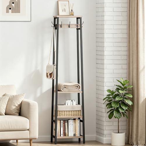 Coat Rack Freestanding with 3 Shelves and 7 Hooks | Coat Stand, Hall Tree Free Standing, Clothes Rack Stand Organizer, Industrial Style, Greige and Black - color: Greige and Black, style: 3 Shelves