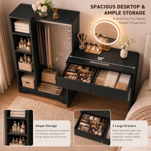 Vanity Desk, Makeup Vanity Desk with Drawers and Hanging Rack | 4 Tier Shelves, Modern Makeup Vanity Table with Curved Profile Design, Makeup Dressing Desk for Bedroom, Black - color: Black, size: 15.7"D x 70"W x 47"H
