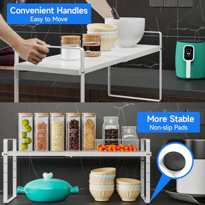 Expandable Cabinet Shelf Organizer, Stackable Kitchen Pantry Counter Storage, Adjustable Closet Cupboard Stand Rack Risers Spice Organization 80LBS Heavy Duty White 2 Pack - color: White