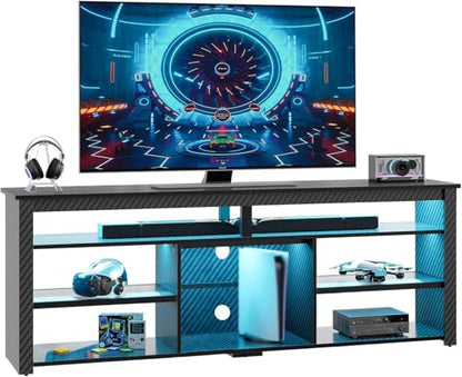 Bestier Modern LED TV Stand, 75" Gaming Media Console, Carbon Fiber Black - color: Black Carbon Fiber, size: 70 inch