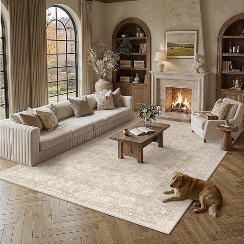 6x9 Beige Area Rug for Living Room Vintage Distressed | Neutral, Washable, Non Slip, Soft Low Pile, Carpet for Bedroom, Dining Room, Office, Indoor Home Decor - color: Beige, size: 6' x 9' (Rectangular)