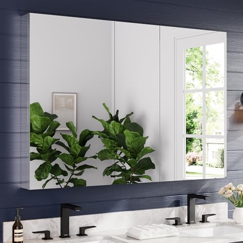 52"x36" Medicine Cabinet with Mirror & Soft Close Hinges, Surface Mount or Recessed Medicine Cabinet with Adjustable Shelves, Bathroom Wall Medicine Cabinet with Storage, Aluminum Alloy Frame, Combo - size: 52" x 36"