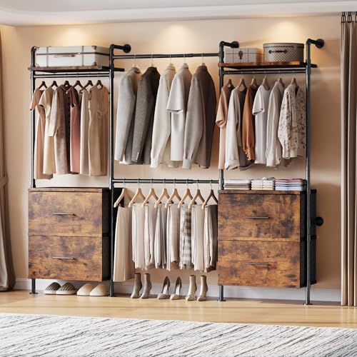 T4 Wall Mounted Closet System with 4 Large Drawers & 4 Hanging Rods | Adjustable from 4'4'' to 5'9'', Industrial Pipe Clothing Rack with 8 Wood Shelves, Heavy Duty Closet Organizers, Rustic Brown - color: Rustic Brown