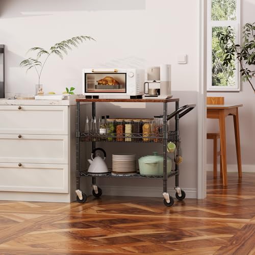 3 Tier Rolling Carts with Wheels, Heavy Duty Rolling Utility Cart with Wood Tabletop, Commercial Grade Metal Cart with Handle and Hooks, NSF Storage Serving Carts for Kitchen Island, Wood+Metal - color: Wood+metal-3 Tier