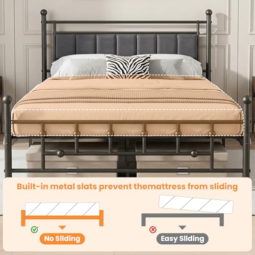 Velvet Upholstered Queen Bed Frame with Headboard | 14-inch Underbed Storage, 13 Metal Slats, 9 Support Legs, Noise-dampening Strips, No Box Spring Needed - size: Queen