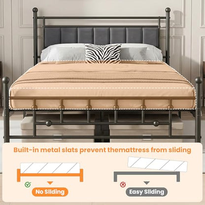 Velvet Upholstered Queen Bed Frame with Headboard | 14-inch Underbed Storage, 13 Metal Slats, 9 Support Legs, Noise-dampening Strips, No Box Spring Needed - size: Queen