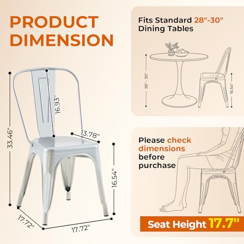 Metal Dining Chairs Set of 4 Moonlight Silver Color | Silver Outdoor Metal Chairs for Farmhouse Kitchen,Bistro,Dining Room,Patio - color: Moonlight Silver
