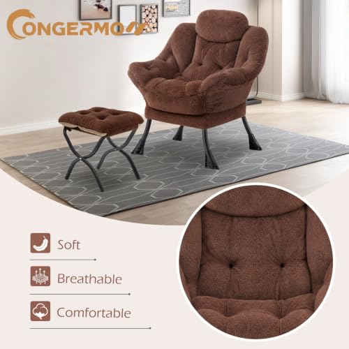 Lazy Chair with Folding Ottoman,Leisure Sofa Chair,Soft Fabric Armchair with Armrests and Side Pockets, Reading Chair with Footrest for Living Room, Bedroom, Office (Plush Dark Brown) - color: Plush Dark Brown