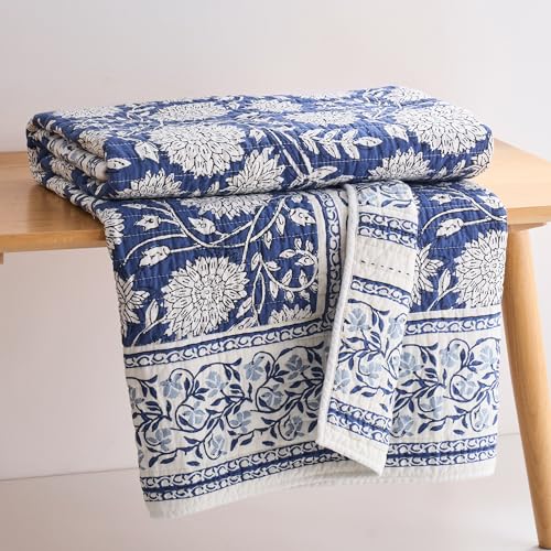Levtex Home - Adare Denim Quilted Throw - (50x60in.) - Floral - Blue White - Reversible - Cotton - color: Denim