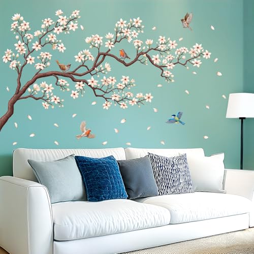 DECOWALL SG2-2424 White Cherry Blossom Branch Wall Decal Stickers 45.8"x24.3" Removable DIY Romantic Tree Murals Peel and Stick Art Home Decor for Girls Bedroom Nursery Rooms Living - color: White Cherry Blossom(left)