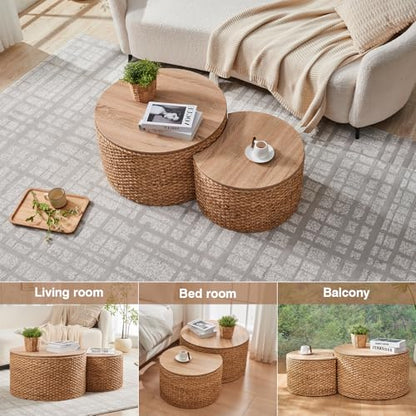 Round Nesting Coffee Table Set of 2 with Storage - Handwoven Wicker Rattan Ottoman Style, Boho Coastal Coffee Tables for Living Room, Rattan Coffee Table with Cover & Soild Wood Frame - color: Natural (Under Warm Light)