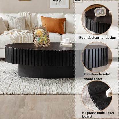 Oval Fluted Drum Coffee Table with Pedestal Base | 43.3'' Modern Black Wooden Drum Center Table, Handcrafted Solid Wood Fluted Edge, For Living Room & Apartment - color: Oval Black