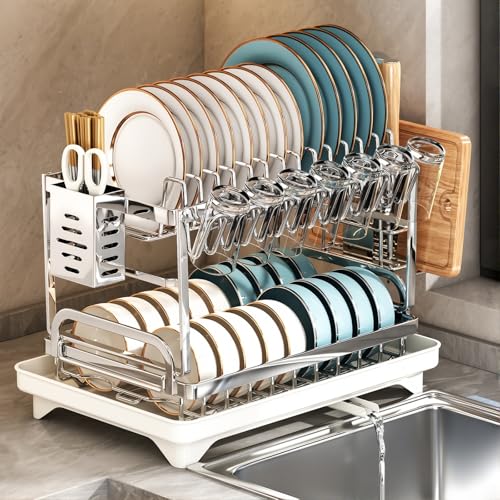 TarnorLe Double Layer Dish Drying Rack, Storage Super Large Bowl Dish Rack, Multifunctional Kitchen Countertop with Drain Pan, 304 Stainless Steel Kitchen Drying Rack, Tableware, Glass Drying Rack