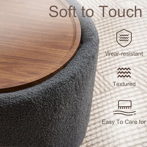 28 Inch Round Storage Ottoman with Wheels Set of 2, Multifunctional Coffee Table Ottoman with Removable Solid Wood Lid, Modern Circle Ottoman Foot Rest for Living Room, Bedroom, Dark Gray - color: Dark Gray