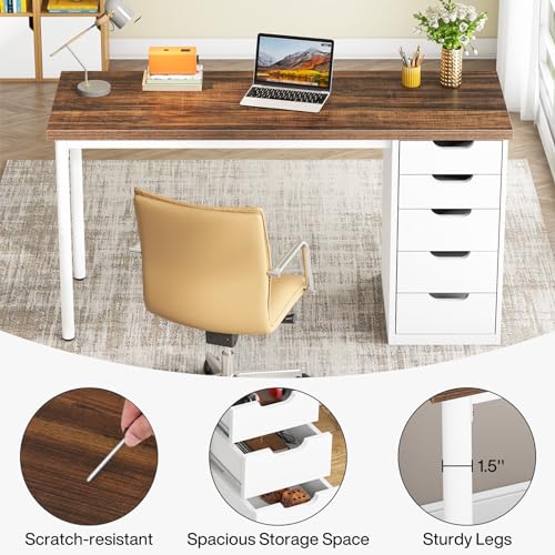 Tribesigns Computer Desk with 5 Drawers, 47 inches Rustic Brown Home Office Desk with Storage, Modern Simple Laptop Desk Study Writing Table for Small Spaces (1, Brown+White) - color: Brown+white