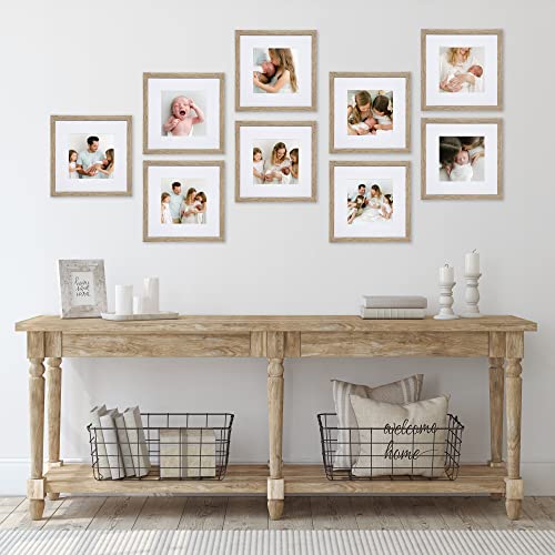 Sheffield Home 9 Piece Gallery Wall Frame Set, 12x12 in. Matted to 8x8 in. (Light Natural) - color: Light Natural, size: 12x12 Inch