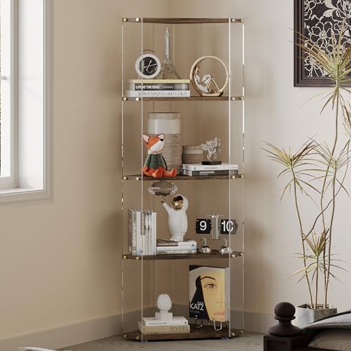 Acrylic Corner Shelf,5 Tier Freestanding Corner Bookshelf with Wood Shelves | 90°right angle triangular shelves with clear acrylic panels, storage rack for plants, books, collectibles and home decor. - size: 5-Tier Corner Shelf