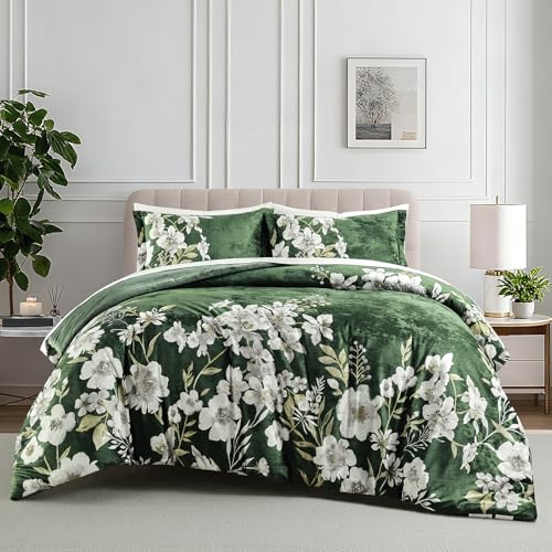 Sunshine Nicole Reversible Comforter Set, Printed Distressed Velvet Front and Sold Distressed Velvet Reverse, 3 Pieces Dark Green King, with Soft Polyester Fill - color: Dark Green, size: King