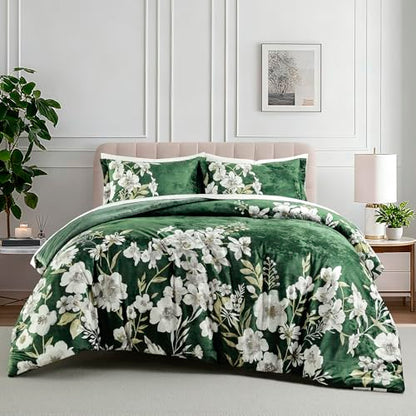 Sunshine Nicole Reversible Comforter Set, Printed Distressed Velvet Front and Sold Distressed Velvet Reverse, 3 Pieces Dark Green King, with Soft Polyester Fill - color: Dark Green, size: King