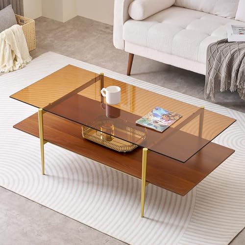 LumFurn X-Large L47in Rectangle Glass Coffee Table, Mid-Century Modern Design for Living Room, L47xW24xH17inch, Amber Glass and Walnut MDF Wood Shelf, Conical Legs with Gold Finish - color: L47" Amber & Walnut