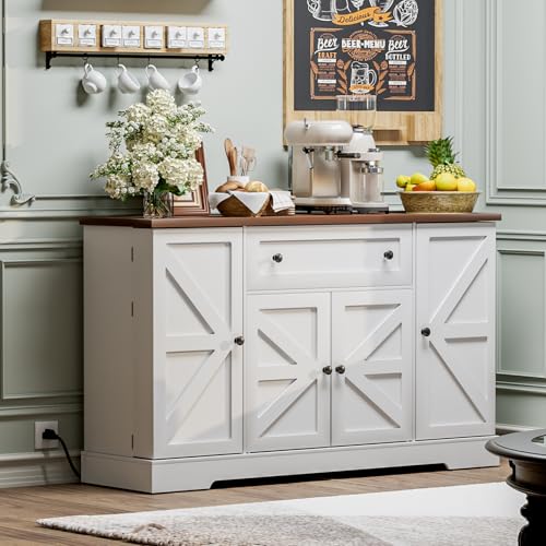 55.1" Buffet Cabinet with Storage, Charging Station, Modern Kitchen Buffet Sideboard with Drawer, White Wood Coffee Bar with Adjustable Shelves & Spice Rack, Kitchen Storage Cabinet for Living Room - color: White/Wood, size: 15.8"D x 55.1"W x 33.1"H