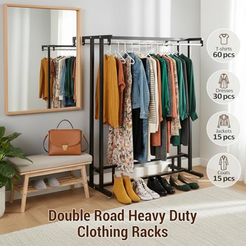 MyGift Black Double Rod Garment Rack with Shelf Freestanding Clothing Stand | Keep clothing organized with a heavy-duty double-rod rack featuring a built-in shelf for shoes, accessories, and essentials - color: Black