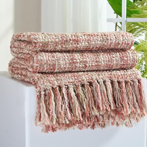 Multi-Color Cable Woven Throw Blanket for Couch - 60"X80" | Multicolored Boho Style,Super Soft Warm Cozy Chunky Blankets with Decorative Tassels for Bed and Sofa,Light Pink - color: Multi-color Light Pink, size: 60"x80"