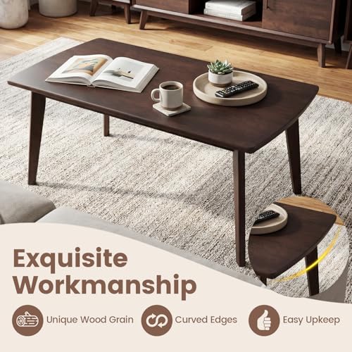 GOFLAME Solid Wood Coffee Table, 34.5" x 21" x 17" Mid-Century Modern Center Table with Storage, Curved Edges, Retro, Small Japanese Floor Table with Tapered Legs for Living Room, Apartment, Walnut