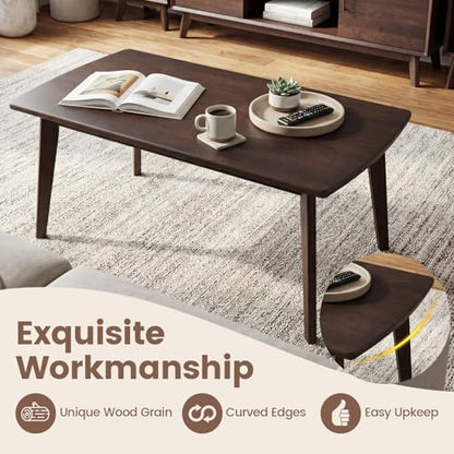 GOFLAME Solid Wood Coffee Table, 34.5" x 21" x 17" Mid-Century Modern Center Table with Storage, Curved Edges, Retro, Small Japanese Floor Table with Tapered Legs for Living Room, Apartment, Walnut