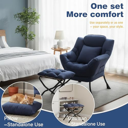 Lazy Chair with Ottoman, Comfy Reading Chair for Bedroom，Navy | Comfy Bedroom Accent Chair with Washable Removable Cover and extra throw pillow for Living Room Dorm - color: Peach Navy-1