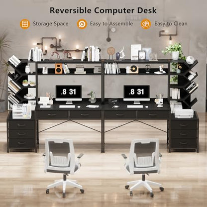 52" Computer Desk with Bookshelf, 5 Drawers ＆ Hutch for Bedroom | Black Office Desk with Printer Shelf, Study Writing Desk with Storage Shelves - color: Black