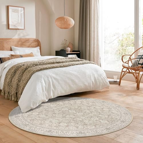 SIILOOM Washable 6ft Circle Round Rug, 6x6 Non-Slip Soft Circular Area Rugs | Cream/Beige/Yellow/White Spill & Stain Resistant Carpet for Living Room Dining RoomUnder Table - color: Cream/Beige/Yellow/White/Grey, size: 6' (Round)