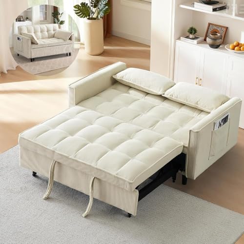 3 In 1 Corduroy Convertible Sofa Bed,Pull Out Couch Bed with Reclining Backrest And 2 Pillows, 54" Full Size Loveseat Sleeper Sofa Futon Couch Bed, Couches For Small Spaces, Living Room (Beige) - color: Beige