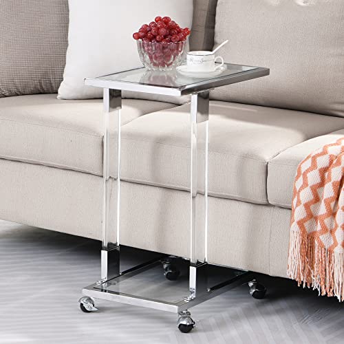 Clear Sofa Side Table C Shaped End Table with Wheels, Rolling Acrylic Bedside Laptop Snack Table TV Tray, Mobile Breakfast Tray Table with Tempered Glass Shelves and Clear Acrylic Frame - color: Acrylic Clear, Silver