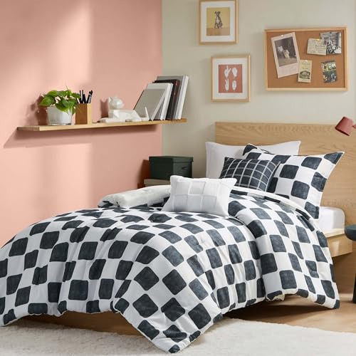Intelligent Design Black/White Checkered Print Twin Comforter Set, 4pc | Girls Bedroom Bedding, Back to School, Lightweight, All-Season, Machine Washable, Easy Care, Cozy, Breathable, Soft, Fluffy - color: Black/White, size: T/TXL Comforter