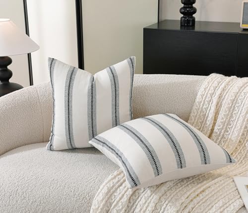 Cethom Boho Throw Pillow Covers 18x18 Set of 2, Beige and Black Striped Decorative Pillow Cases for Couch Chair Bed, Textured Farmhouse Accent Cushion Covers for Living Room Bedroom Sofa Home Decor - color: Black, size: 18" x 18" (Pack of 2)