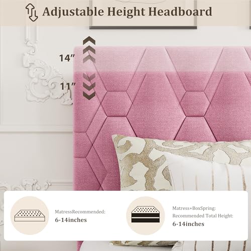 GAOMON Pink Full Bed Frame with Upholstered Headboard, Heavy-Duty Platform Bed Frame with Strong Wood Slats, No Box Spring Needed/Noise Free/Easy Assembly | Heavy-Duty Bed Frame with Wooden Slats Support Upholstered Mattress Foundation No Box Spring Neede