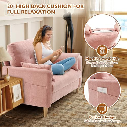Urhanherry 47" Small Sofa Couch for Bedroom, Soft Chenille loveseat Mini Couch with Throw Pillow and Removable Cushion Cover for Small Spaces, Living Room, Apartment, Dorm, Office(Pink) - color: Pink