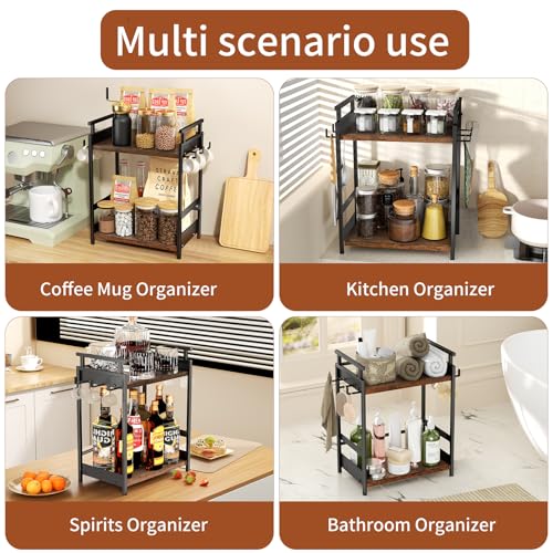 KLM 2 Tier Coffee Bar Organizer for Home Office, Spice Rack for Countertop, Kitchen Counter Storage Shelf with Hanging Basket, Coffee and Tea Condiment Station Organizer