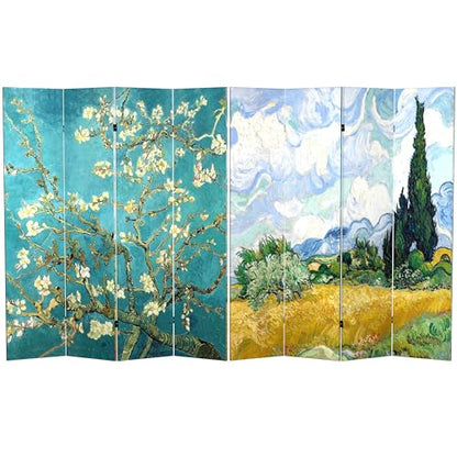 Red Lantern Double Sided Works of Van Gogh Canvas Folding Screen - Almond Blossoms/Wheat Field, 6 ft Tall - 4 Panel - color: Almond Blossoms/Wheat Field, size: 6 Foot Tall - 4 Panel