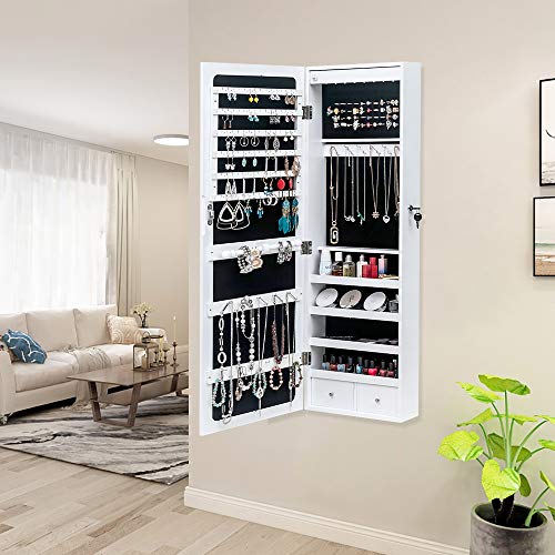 42.5" Wood Jewelry Mirror Cabinet,Wall or Door Mounted Jewelry Storage Cabinet,Space-Saving Large Jewelry Armoire Organizer,with Lock & LED Lights,for Living Room, Bedroom, Cloakroom (White) - size: 37x10x108cm