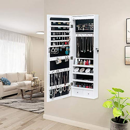 42.5" Wood Jewelry Mirror Cabinet,Wall or Door Mounted Jewelry Storage Cabinet,Space-Saving Large Jewelry Armoire Organizer,with Lock & LED Lights,for Living Room, Bedroom, Cloakroom (White) - size: 37x10x108cm